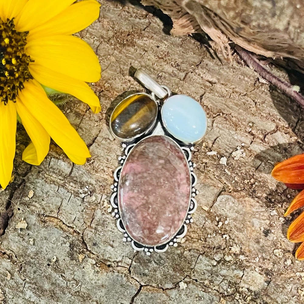Rhodonite Tiger Eye Opal 925 Sterling Silver Pendant